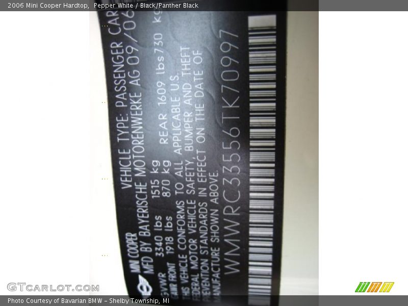 Pepper White / Black/Panther Black 2006 Mini Cooper Hardtop