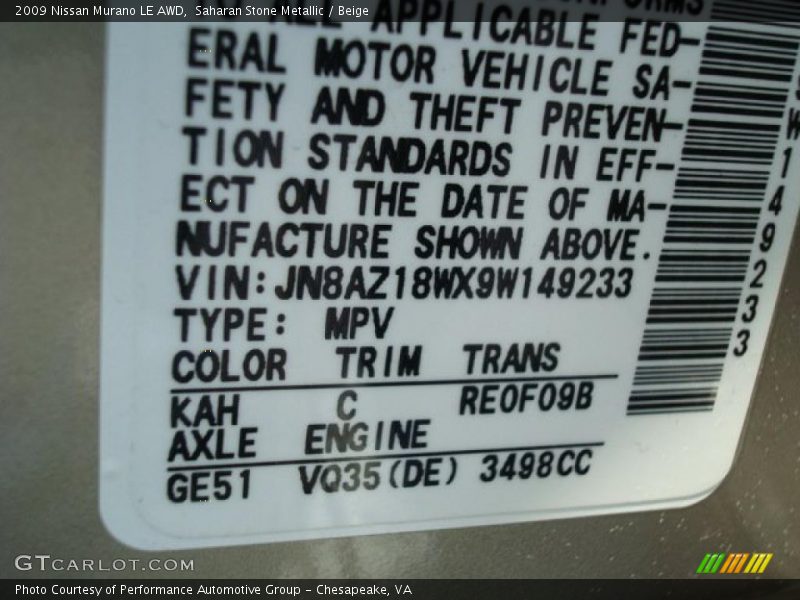 Saharan Stone Metallic / Beige 2009 Nissan Murano LE AWD