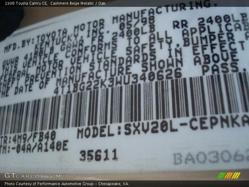 Cashmere Beige Metallic / Oak 1998 Toyota Camry CE