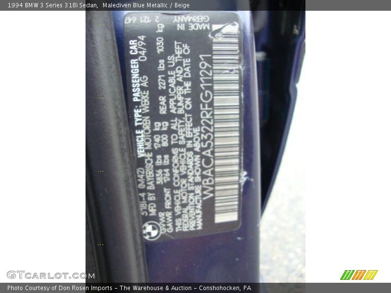 Malediven Blue Metallic / Beige 1994 BMW 3 Series 318i Sedan