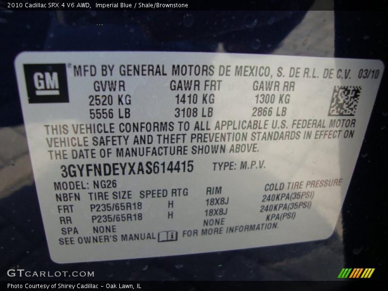 Imperial Blue / Shale/Brownstone 2010 Cadillac SRX 4 V6 AWD