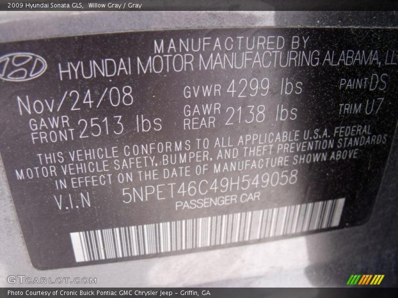 Willow Gray / Gray 2009 Hyundai Sonata GLS