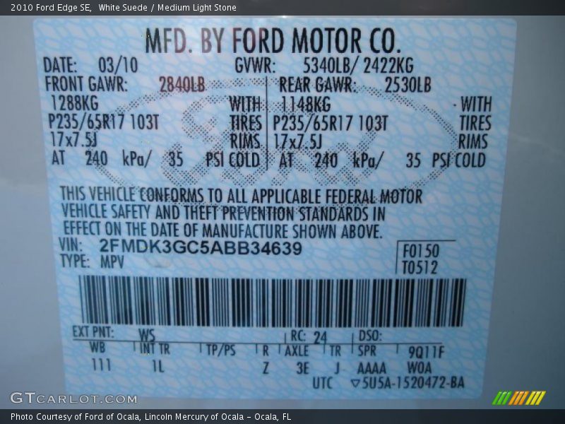 White Suede / Medium Light Stone 2010 Ford Edge SE