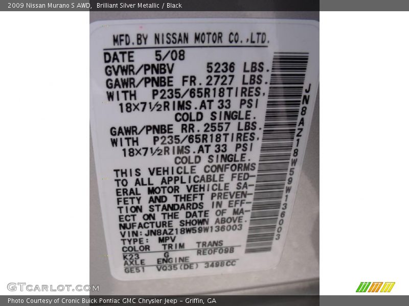 Brilliant Silver Metallic / Black 2009 Nissan Murano S AWD