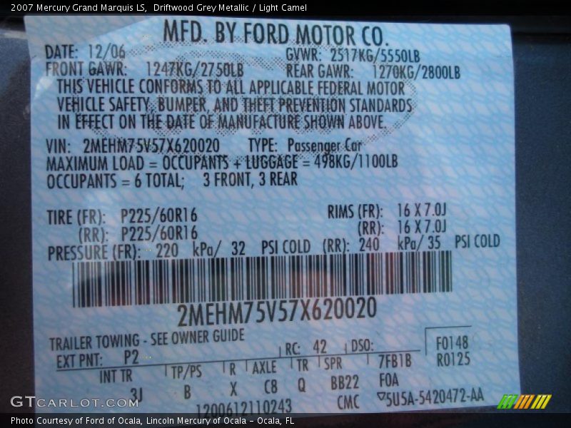 2007 Grand Marquis LS Driftwood Grey Metallic Color Code P2
