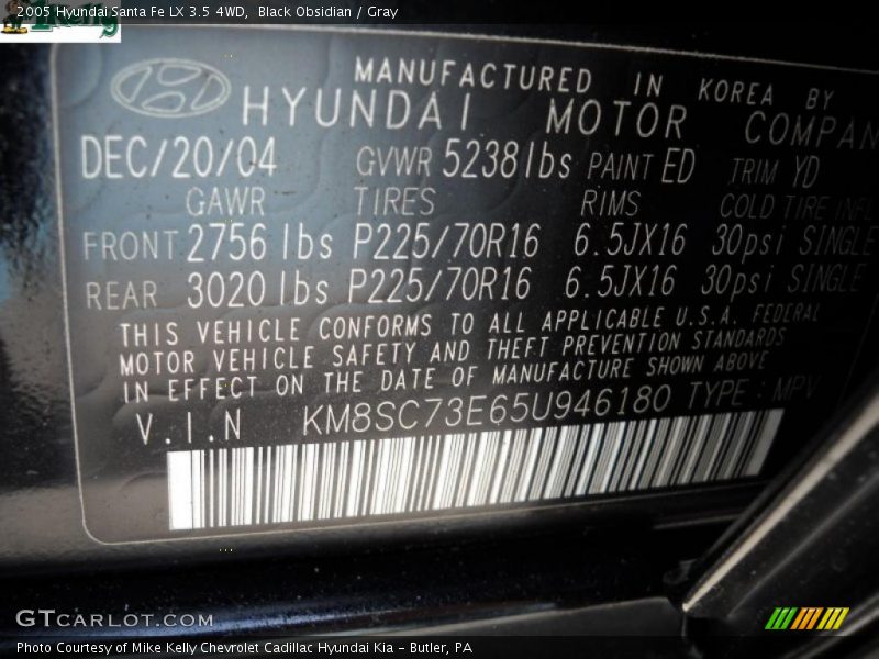 2005 Santa Fe LX 3.5 4WD Black Obsidian Color Code ED