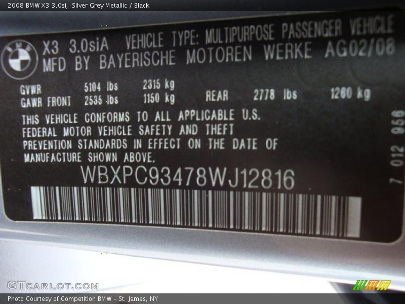 Silver Grey Metallic / Black 2008 BMW X3 3.0si