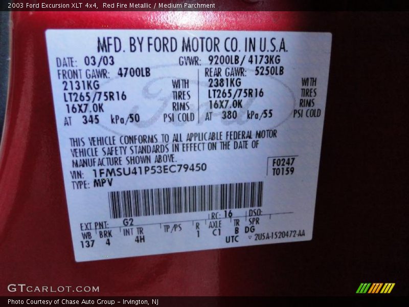 Red Fire Metallic / Medium Parchment 2003 Ford Excursion XLT 4x4