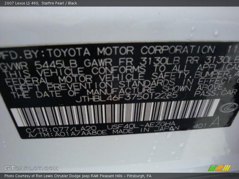 Starfire Pearl / Black 2007 Lexus LS 460