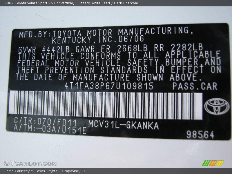 Blizzard White Pearl / Dark Charcoal 2007 Toyota Solara Sport V6 Convertible