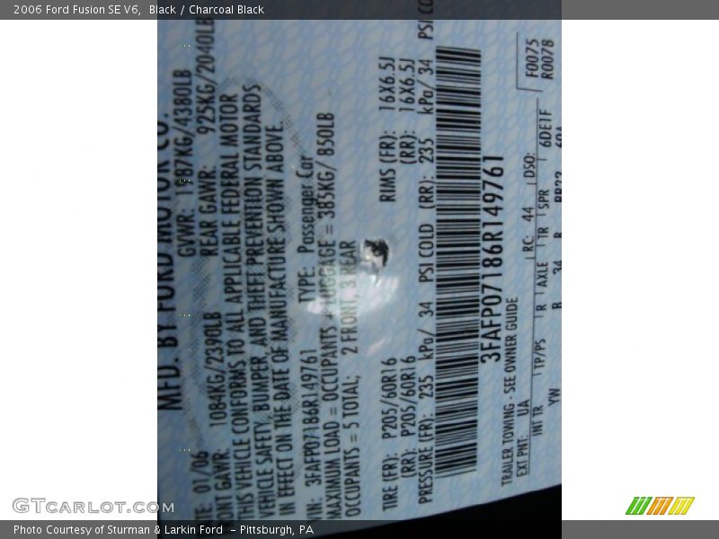 Black / Charcoal Black 2006 Ford Fusion SE V6