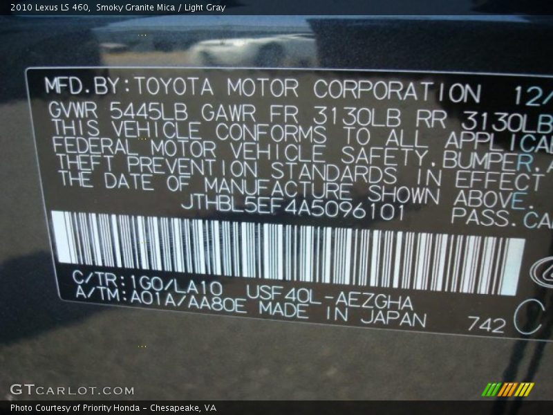 Smoky Granite Mica / Light Gray 2010 Lexus LS 460