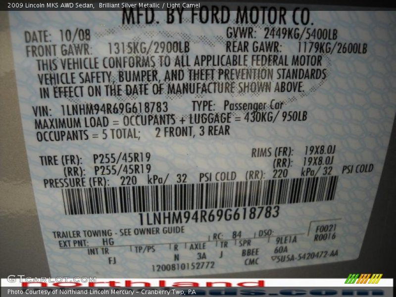 Brilliant Silver Metallic / Light Camel 2009 Lincoln MKS AWD Sedan