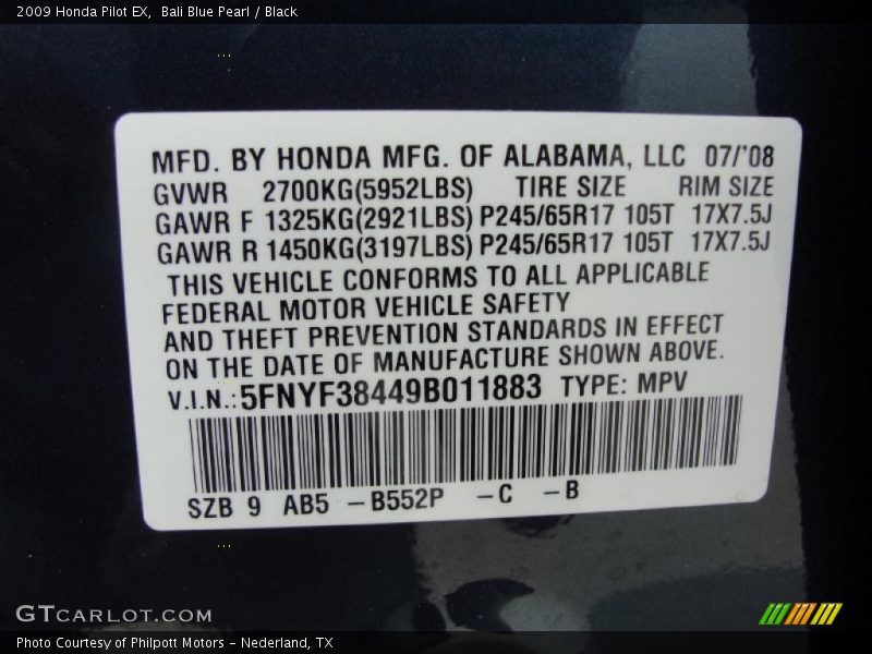 Bali Blue Pearl / Black 2009 Honda Pilot EX