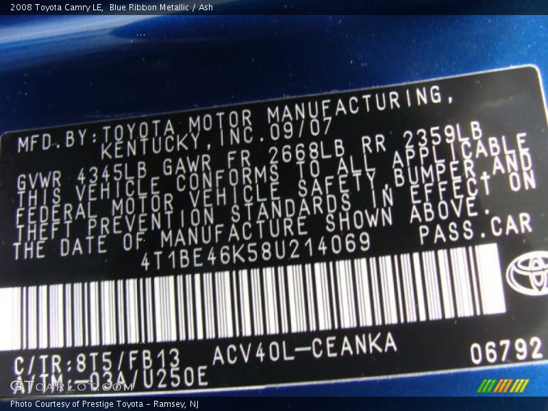 Blue Ribbon Metallic / Ash 2008 Toyota Camry LE