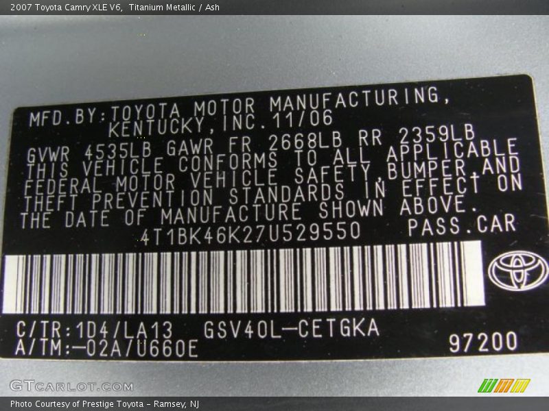 Titanium Metallic / Ash 2007 Toyota Camry XLE V6