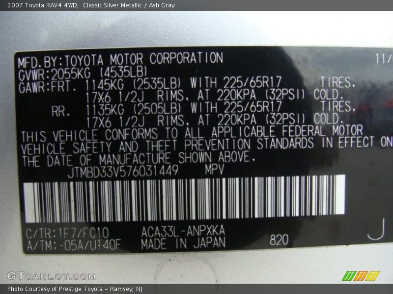 Classic Silver Metallic / Ash Gray 2007 Toyota RAV4 4WD