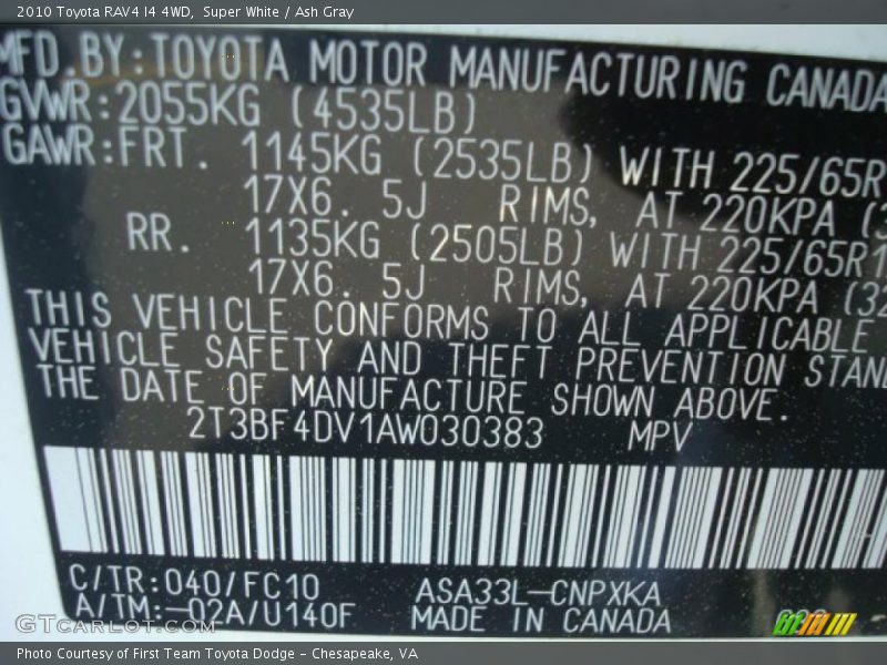 Super White / Ash Gray 2010 Toyota RAV4 I4 4WD
