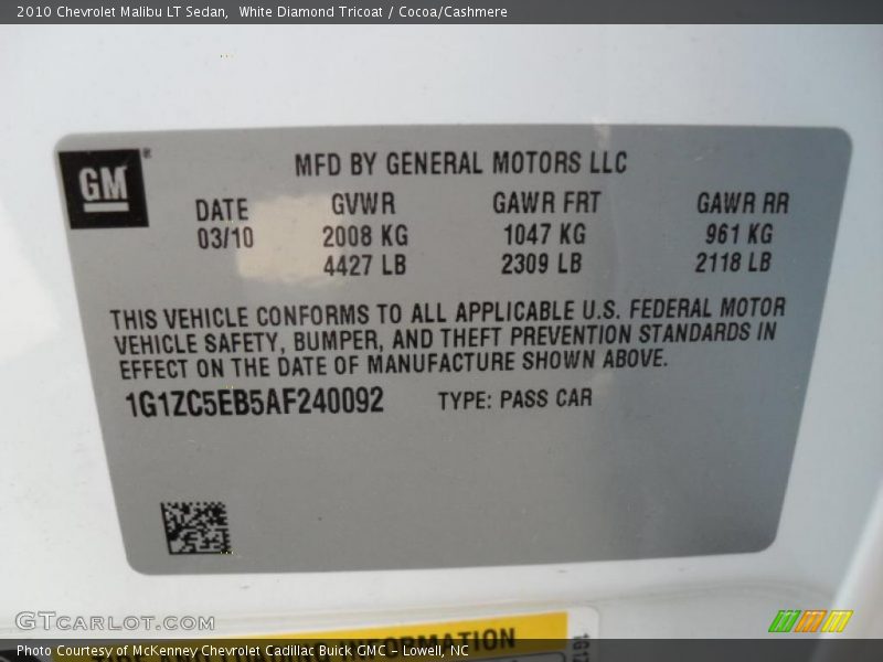 White Diamond Tricoat / Cocoa/Cashmere 2010 Chevrolet Malibu LT Sedan