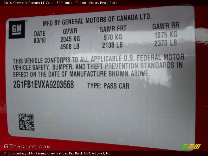 Victory Red / Black 2010 Chevrolet Camaro LT Coupe 600 Limited Edition