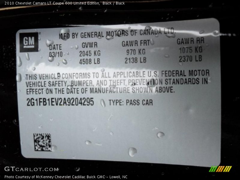 Black / Black 2010 Chevrolet Camaro LT Coupe 600 Limited Edition