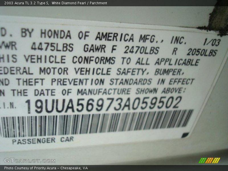 White Diamond Pearl / Parchment 2003 Acura TL 3.2 Type S