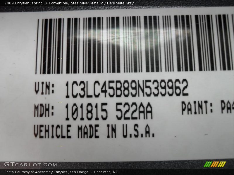 Steel Silver Metallic / Dark Slate Gray 2009 Chrysler Sebring LX Convertible