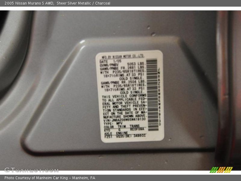 Sheer Silver Metallic / Charcoal 2005 Nissan Murano S AWD