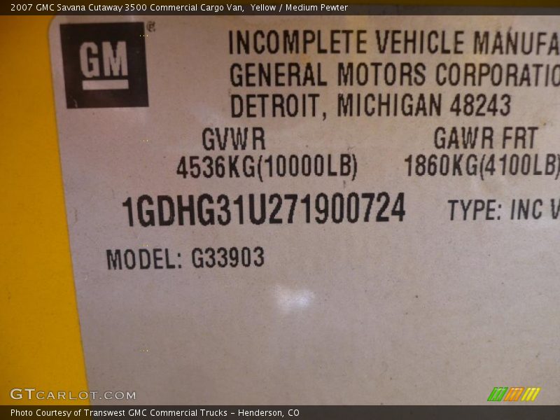 Yellow / Medium Pewter 2007 GMC Savana Cutaway 3500 Commercial Cargo Van