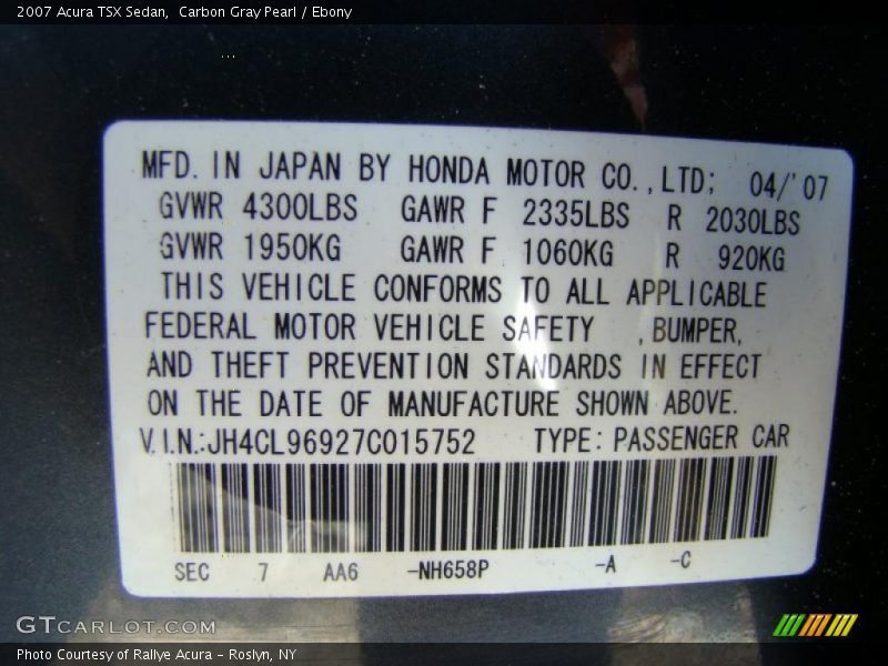 Carbon Gray Pearl / Ebony 2007 Acura TSX Sedan