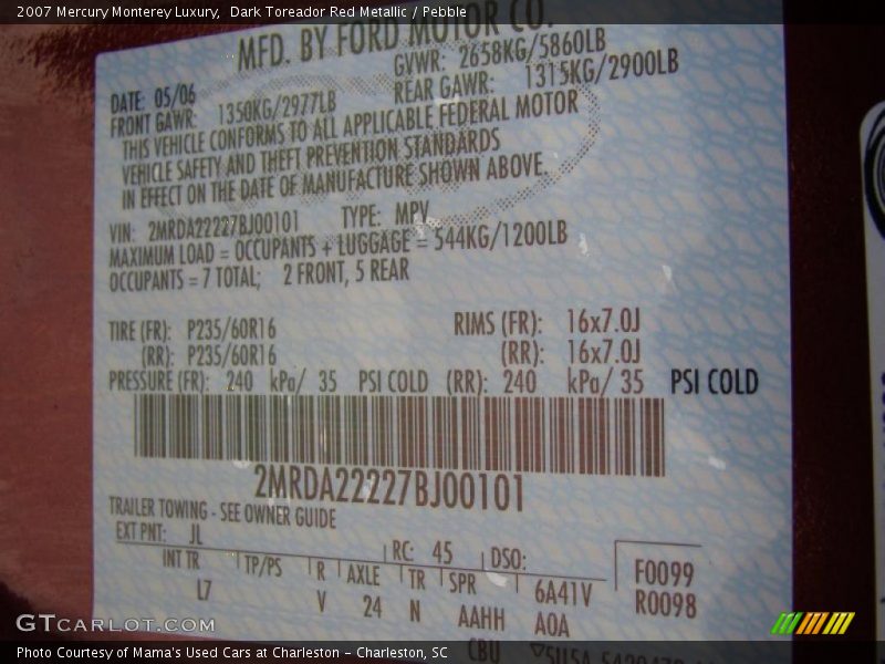 Dark Toreador Red Metallic / Pebble 2007 Mercury Monterey Luxury