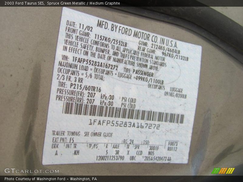 Spruce Green Metallic / Medium Graphite 2003 Ford Taurus SES