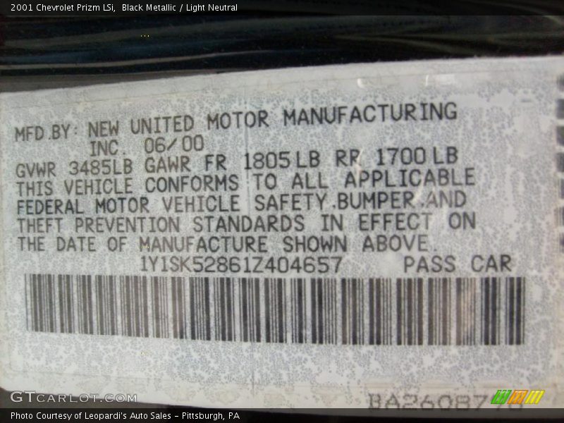 Black Metallic / Light Neutral 2001 Chevrolet Prizm LSi