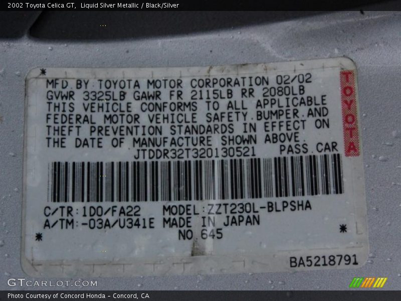 Liquid Silver Metallic / Black/Silver 2002 Toyota Celica GT