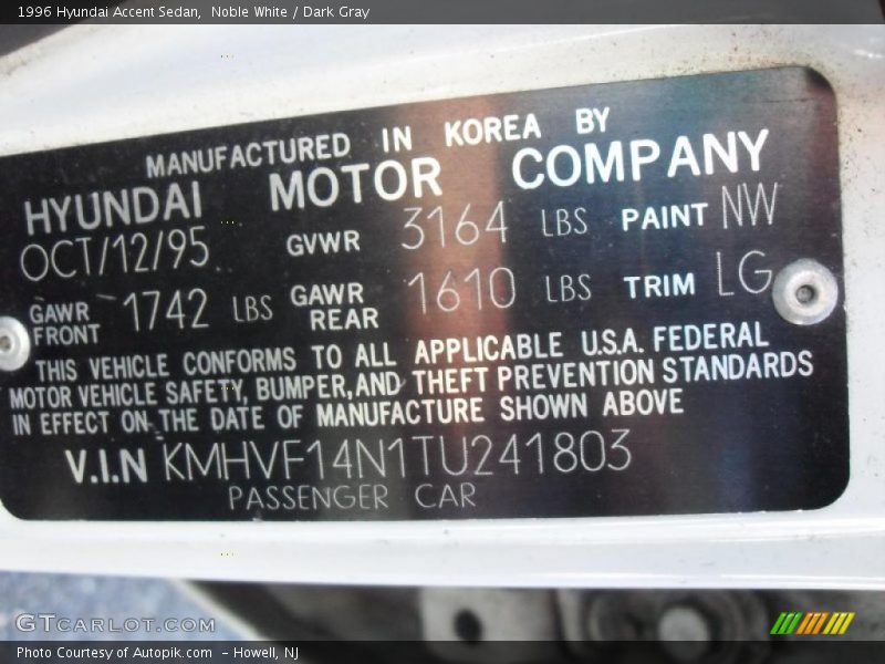 Noble White / Dark Gray 1996 Hyundai Accent Sedan