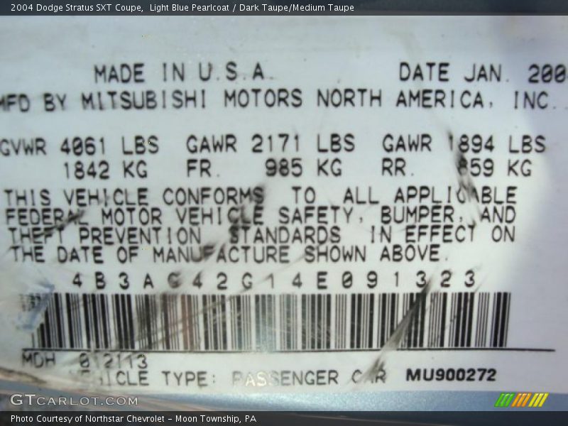 Light Blue Pearlcoat / Dark Taupe/Medium Taupe 2004 Dodge Stratus SXT Coupe