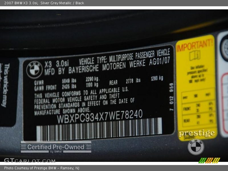 Silver Grey Metallic / Black 2007 BMW X3 3.0si