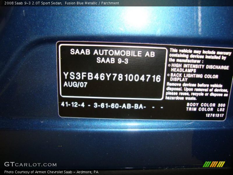 Fusion Blue Metallic / Parchment 2008 Saab 9-3 2.0T Sport Sedan