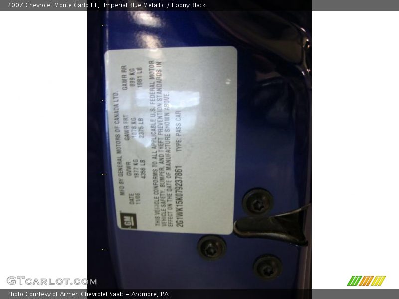 Imperial Blue Metallic / Ebony Black 2007 Chevrolet Monte Carlo LT