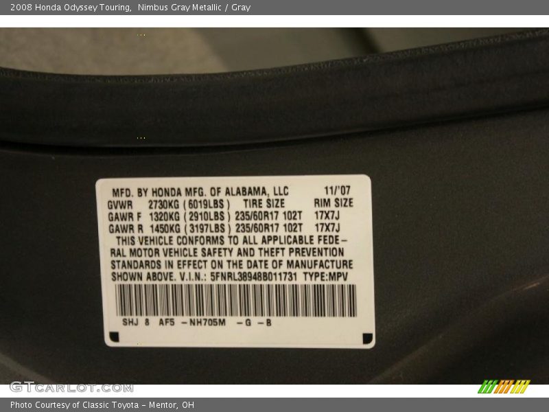 Nimbus Gray Metallic / Gray 2008 Honda Odyssey Touring