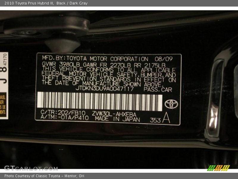Black / Dark Gray 2010 Toyota Prius Hybrid III