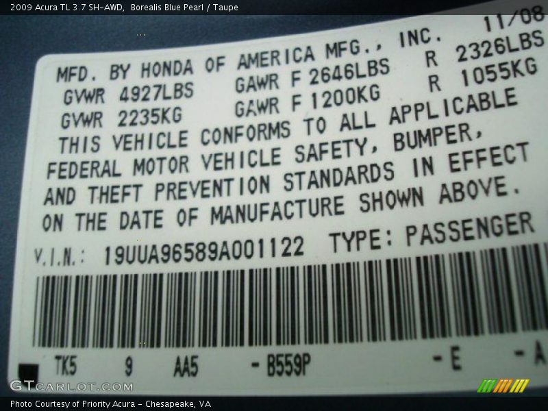 Borealis Blue Pearl / Taupe 2009 Acura TL 3.7 SH-AWD