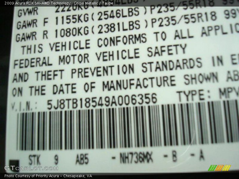 Grigio Metallic / Taupe 2009 Acura RDX SH-AWD Technology