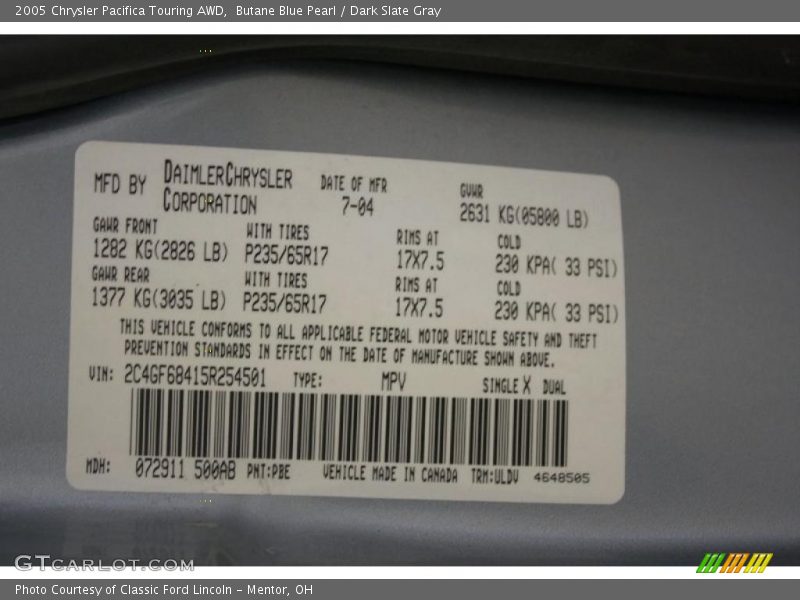 Butane Blue Pearl / Dark Slate Gray 2005 Chrysler Pacifica Touring AWD