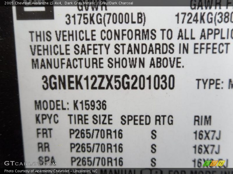 Dark Gray Metallic / Gray/Dark Charcoal 2005 Chevrolet Avalanche LS 4x4