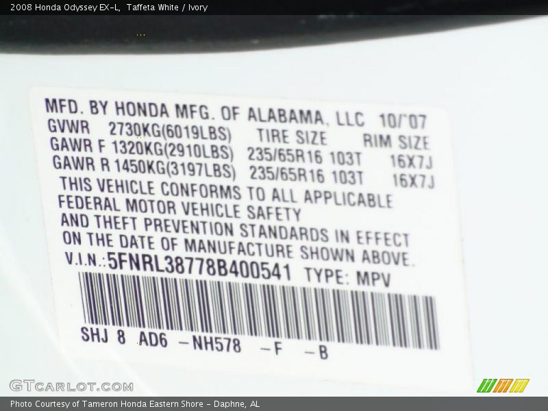 Taffeta White / Ivory 2008 Honda Odyssey EX-L