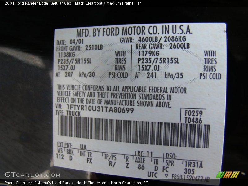Black Clearcoat / Medium Prairie Tan 2001 Ford Ranger Edge Regular Cab