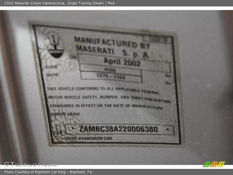 Grigio Touring (Silver) / Red 2002 Maserati Coupe Cambiocorsa