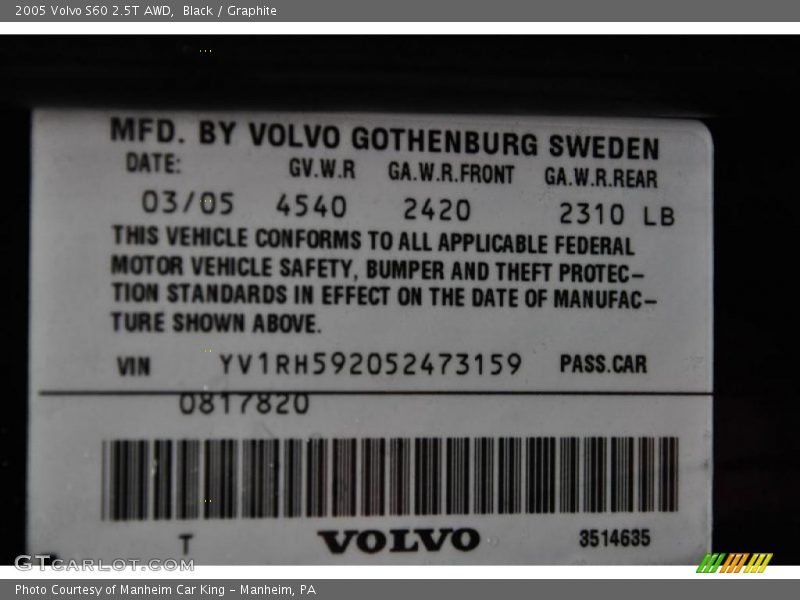 Black / Graphite 2005 Volvo S60 2.5T AWD