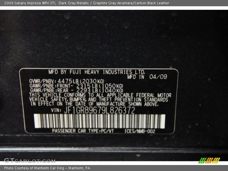Dark Gray Metallic / Graphite Gray Alcantara/Carbon Black Leather 2009 Subaru Impreza WRX STi